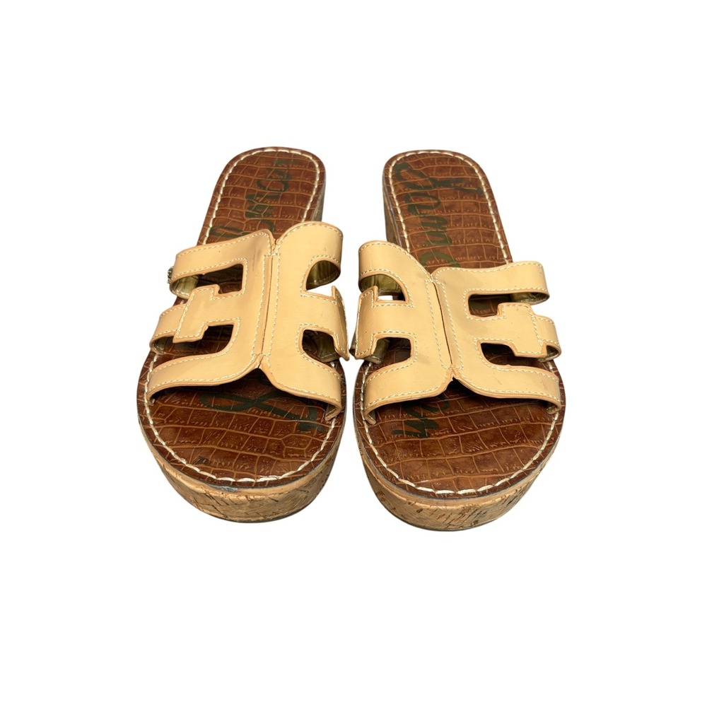 Sam Edelman Regis Brown Nude Patent Leather‎ Slip On Cork Wedge Sandals Womens 9